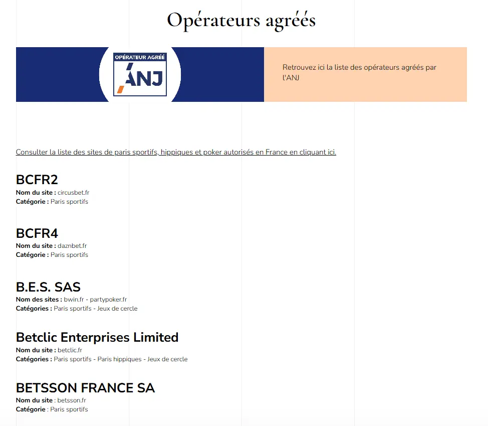 Page officielle de l'ANJ présentant les opérateurs agréés ou les catégories de jeux en ligne autorisées