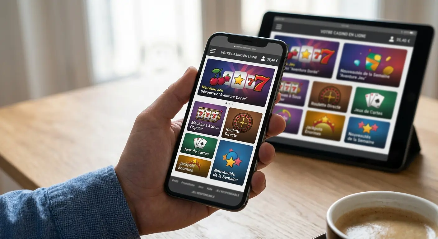 Illustration générique d'un smartphone affichant un espace de jeux de casino abstrait et adaptatif sans logo ni interface Millionz réelle