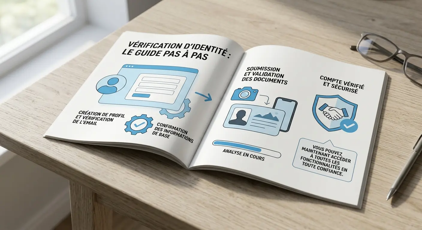 Illustration d'information du parcours création de compte, vérification d'identité et compte prêt sans document réel ni interface de marque