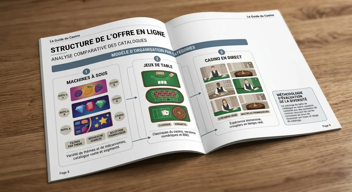 Illustration d'information abstraite de machines à sous, jeux de table et casino en direct dans un même catalogue