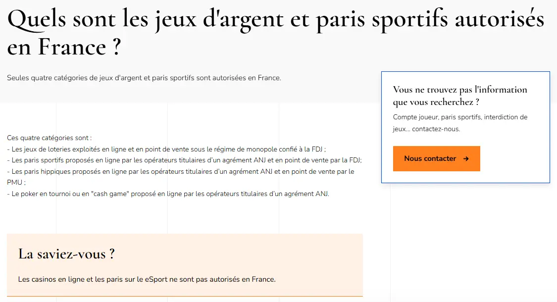 Page officielle de l'ANJ indiquant que les casinos en ligne ne sont pas autorisés en France